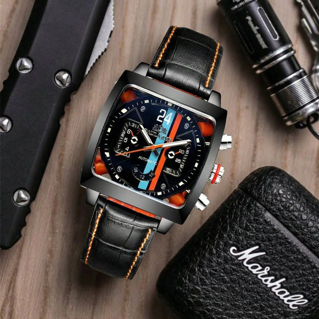 CILOA Armbanduhr Tonneau, Quarz, Schwarz, Edelstahl, Leder, Herren - Bild 1