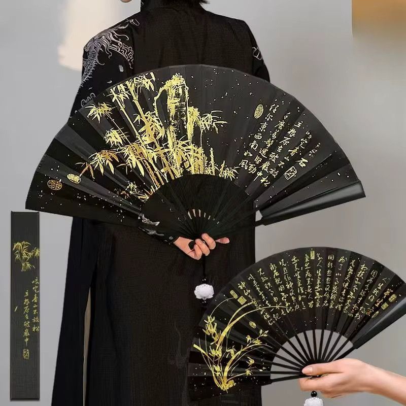 Elster Handfächer aus Seide und Spitze in Schwarz im Retro-Design für Hanfu und Cheongsam - Bild 2