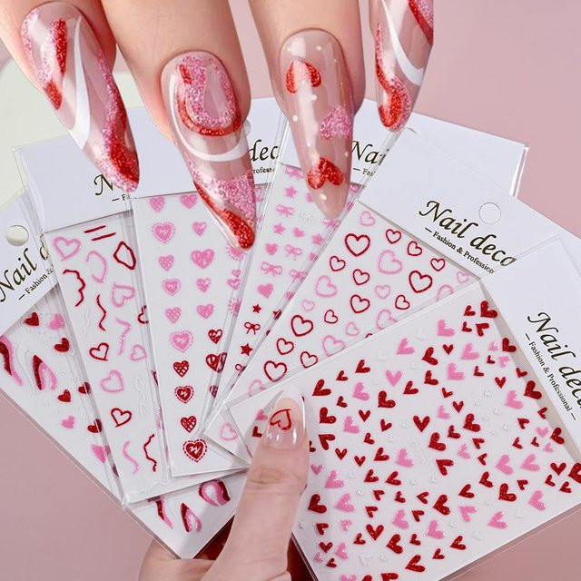 HotPress Nagelkunst-Aufkleber, 3D Glitzer Herz Schleife, Rot Rosa, Schimmernd - Bild 1