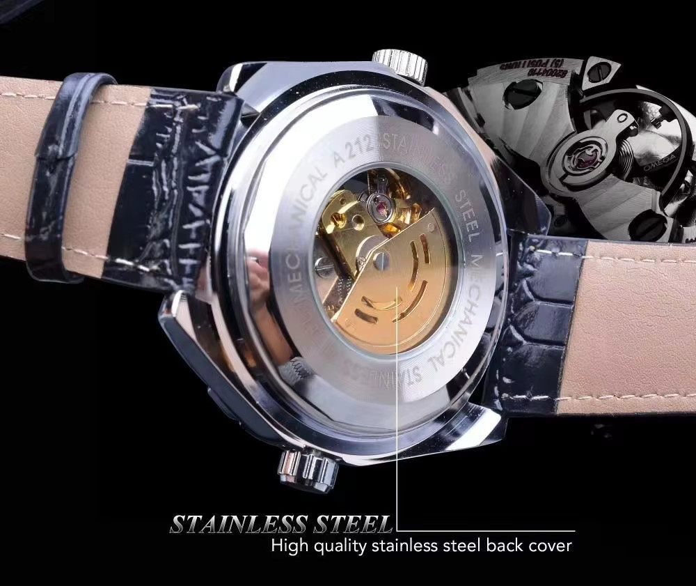 AOKULASIC Armbanduhr Automatik, Edelstahl, Leder, Schwarz, Herren - Bild 6