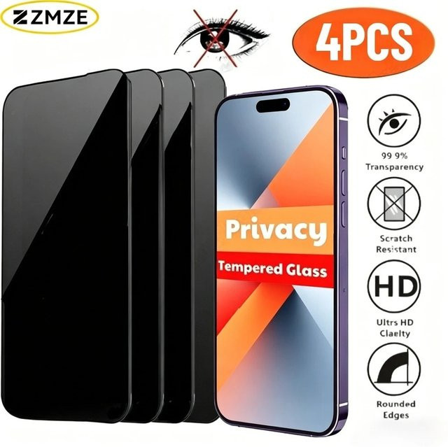 SnakeGlass 4er-Pack Anti-Spionage Panzerglasfolie für iPhone 17, 16, 15, 14, 13, 12, 11 Pro Max Air und Modelle 17e, 16e, transparent - Bild 1