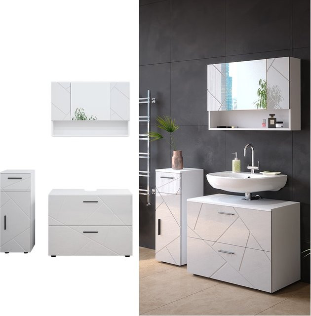 Vicco Badmöbelset Irma in Weiß Hochglanz, bestehend aus Spiegelschrank, Midischrank und Waschtischunterschrank, modern gestaltet, Breite: 80 cm, Tiefe: 30 cm - Bild 1