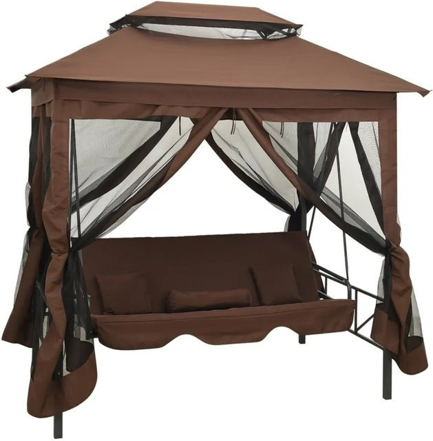 Furnicato Pavillon Umwandelbare Schaukelbank mit Sonnenbaldachin und Kissen in Braun, B/T/H: 240 x 240 x 160 cm - Bild 1