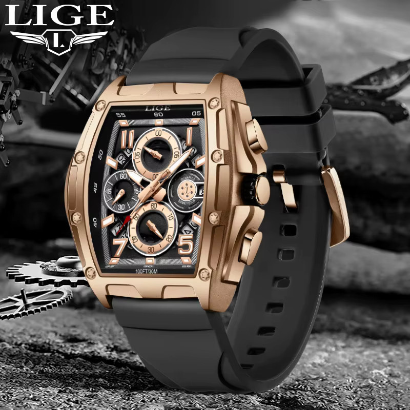 LIGE Armbanduhr Chronograph, Quarz, Edelstahl, Schwarz, Herren, eckig - Bild 6