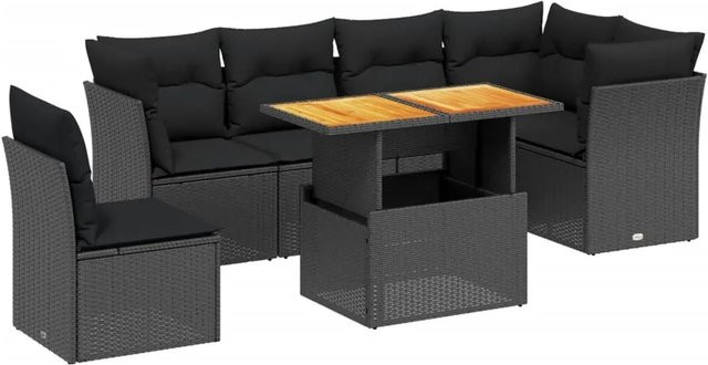vidaXL 7-teilige Garten-Sofagarnitur in L-Form aus Polyrattan und Akazienholz mit Kissen, Schwarz - Bild 1