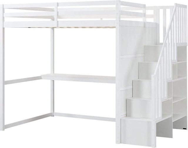 Vente-unique Hochbett Menizi in Weiß aus Kiefer und MDF, Höhe: 246 cm, Breite: 140 cm, Tiefe: 190 cm - Bild 1