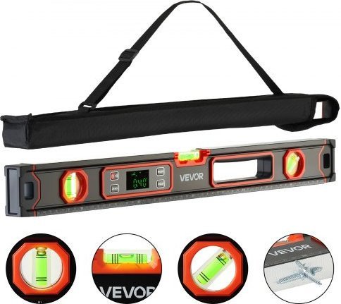 VEVOR Digitaler Magnet-Wasserwaage mit LED-Backlit-Display, 360 Grad Elektronische Wasserwaage in Schwarz und Orange, IP54 Schutz, Breite: 60 cm - Bild 1