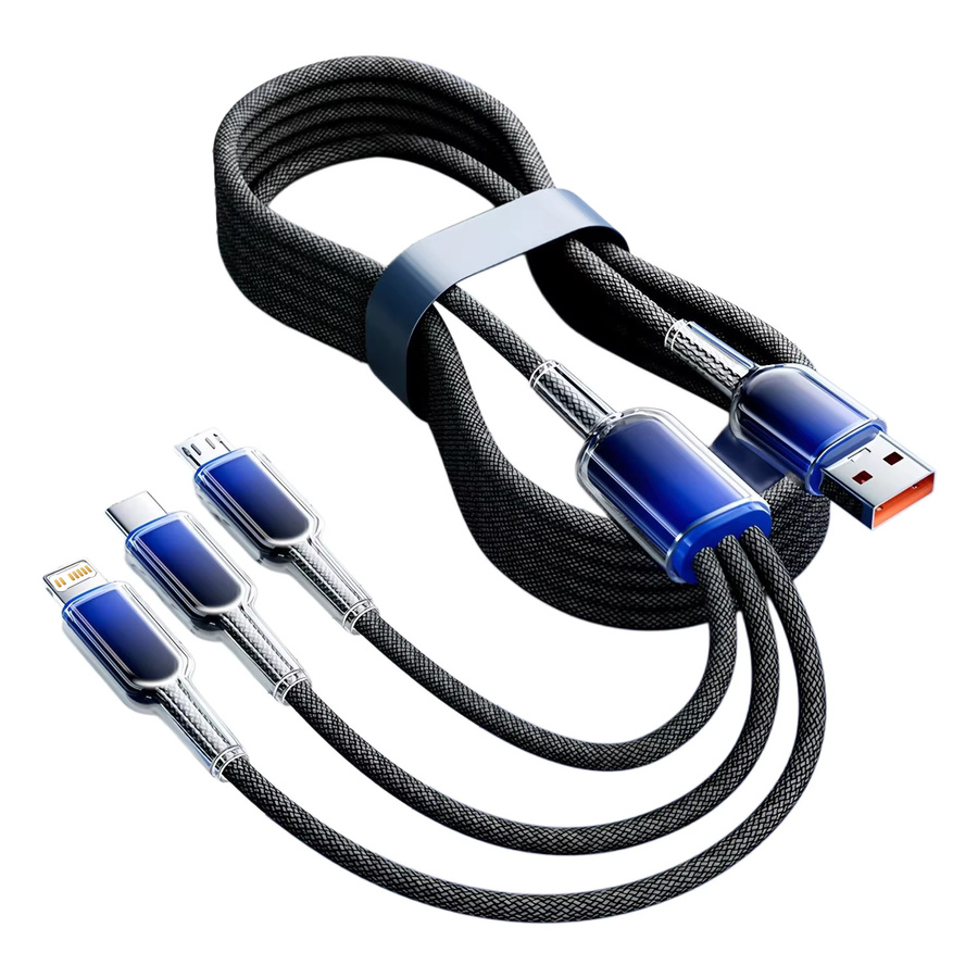 3-in-1 USB-Ladekabel mit 120 W und 6 A für Huawei, Honor, iPhone und Samsung, kompatibel mit Micro-USB, USB-C und Lightning, Länge: 1,2 m - Bild 3