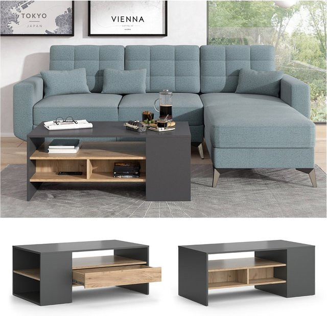 Vicco Couchtisch Fabien in Eiche und Anthrazit mit Schublade, B: 110 cm, T: 45 cm, H: 45 cm - Bild 1