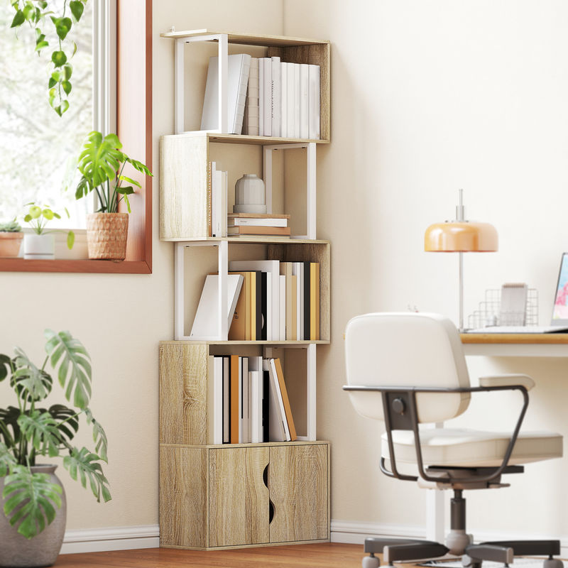 HOMCOM Bücherregal mit 5 Ebenen in S-Form und doppelter Schranktür, Aufbewahrungsregal für Wohnzimmer, Schlafzimmer oder Büro, Naturholzoptik Braun, B: 60 cm, T: 23,835 cm, H: 179,2 cm - Bild 2