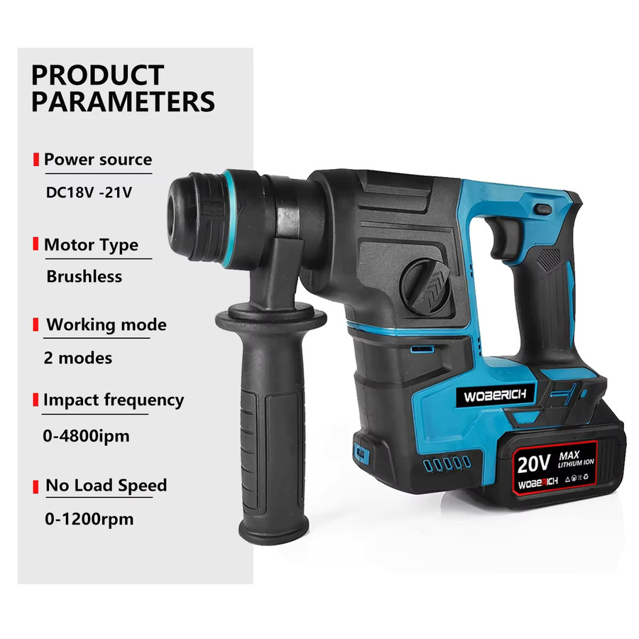 WOBERICH Elektrischer bürstenloser Bohrhammer, kabelloser Akku-Bohrhammer für Makita LXT 18 V, Schwarz - Bild 2