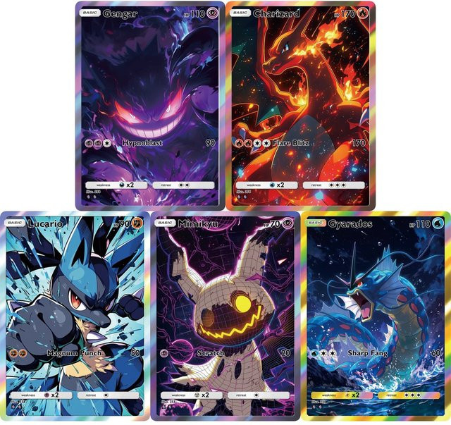 Keeppley Pokémon Charizard Gengar Mimikyu Gyarados Lucario, 5-teiliges Set, Holografische Karten - Bild 1