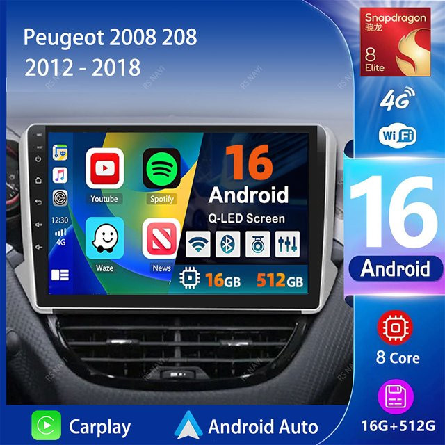 RSNAVI Android 16 Navigations-Multimedia-Player mit Carplay und Bluetooth für Peugeot 208 und 2008 Serie, Schwarz - Bild 1