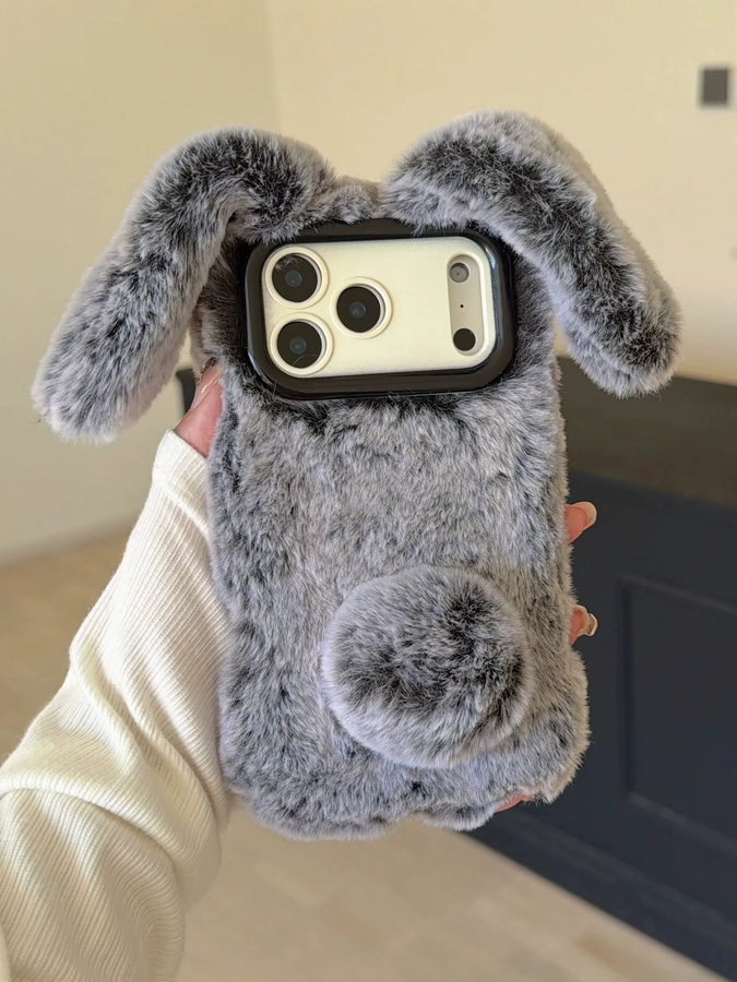 Flauschige Plüschhase Handyhülle für Apple iPhone in Weiß mit faltbarem Kameraobjektivhalter und Ständerfunktion - Bild 3
