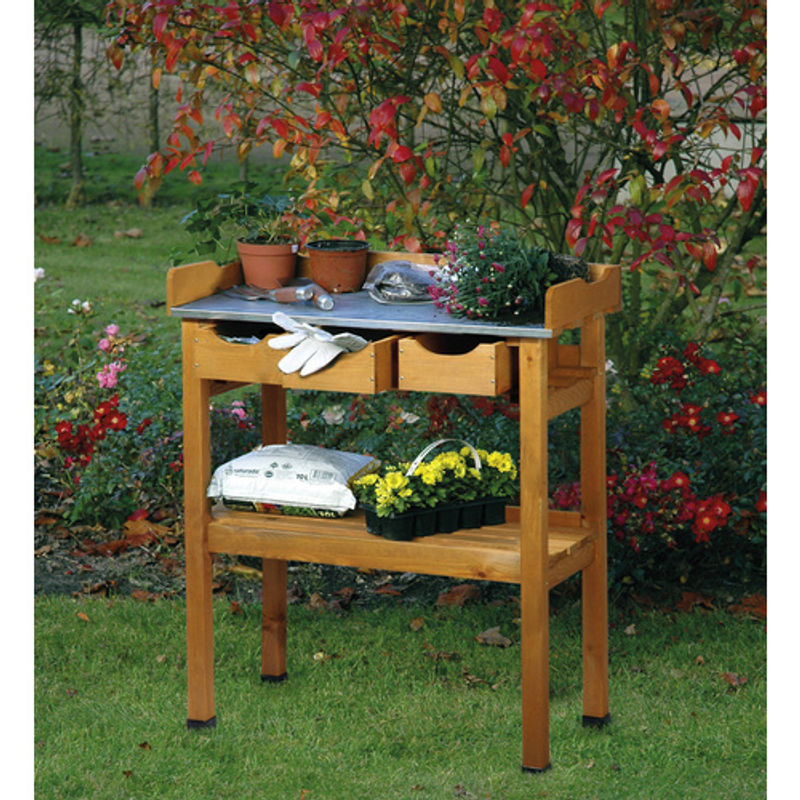 Dobar Pflanztisch aus Kiefernholz mit 3 Schubladen und 2 Ablageflächen in Braun, B/T/H: 80 x 40 x 90 cm - Bild 2