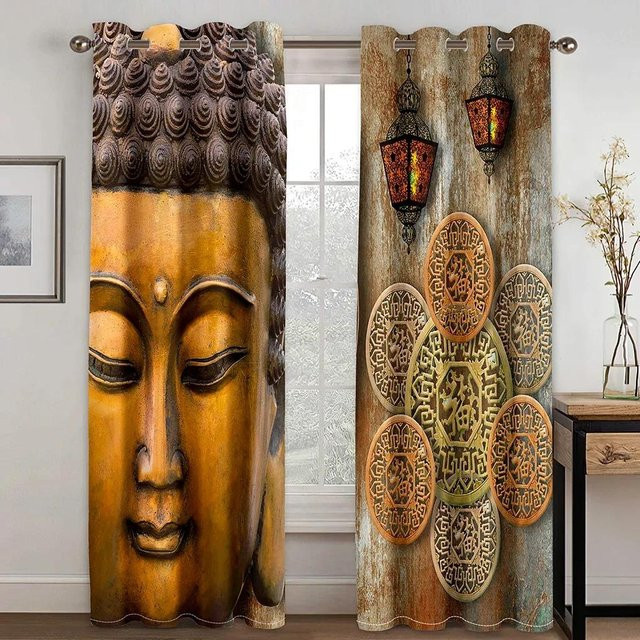 Yiran Furniture Set aus 2 semi-transparenten Fenster-Vorhängen mit Buddha- und Lotus-Motiv in Multicolour, Breite: 60 cm, Höhe: 60 cm pro Stück, inklusive Haken - Bild 1