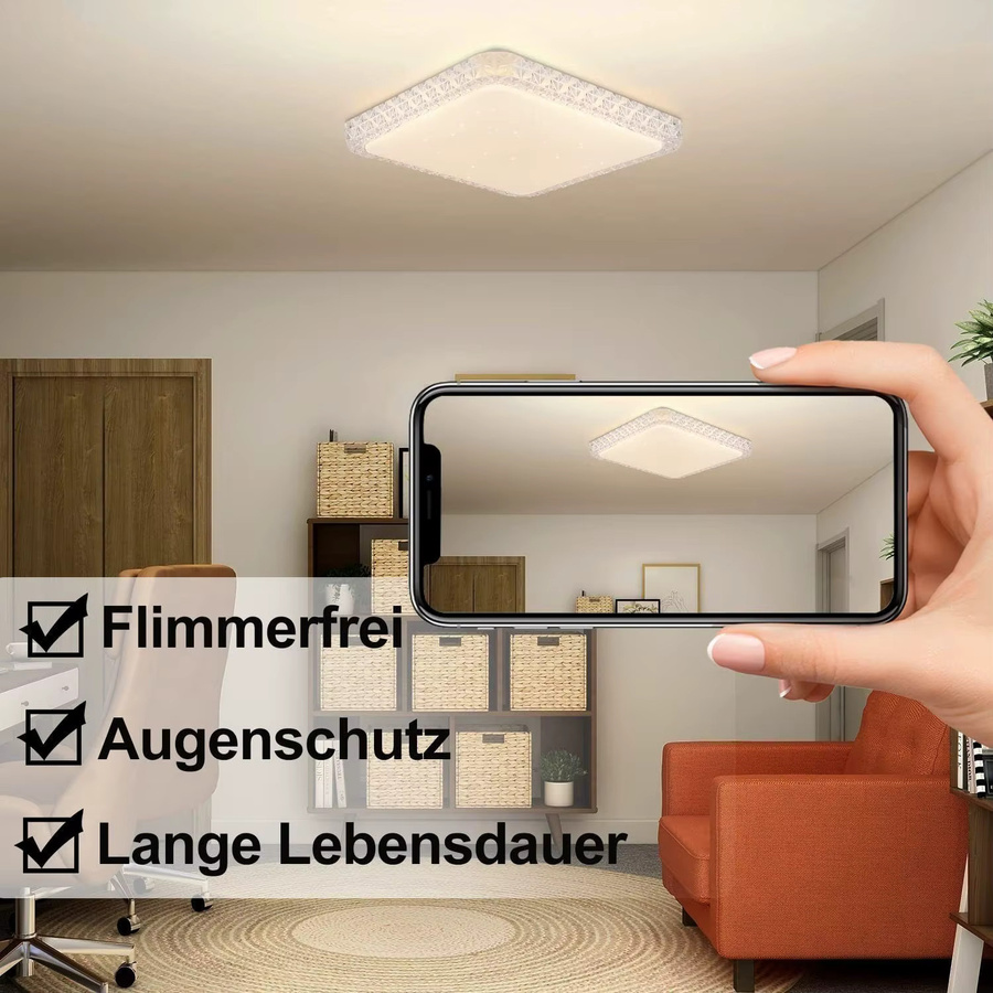 Cliheet LED-Deckenleuchte aus Kristall, Weiß, Quadratisch, 32W, Dimmbar mit Fernbedienung, Durchmesser: 30 cm - Bild 3