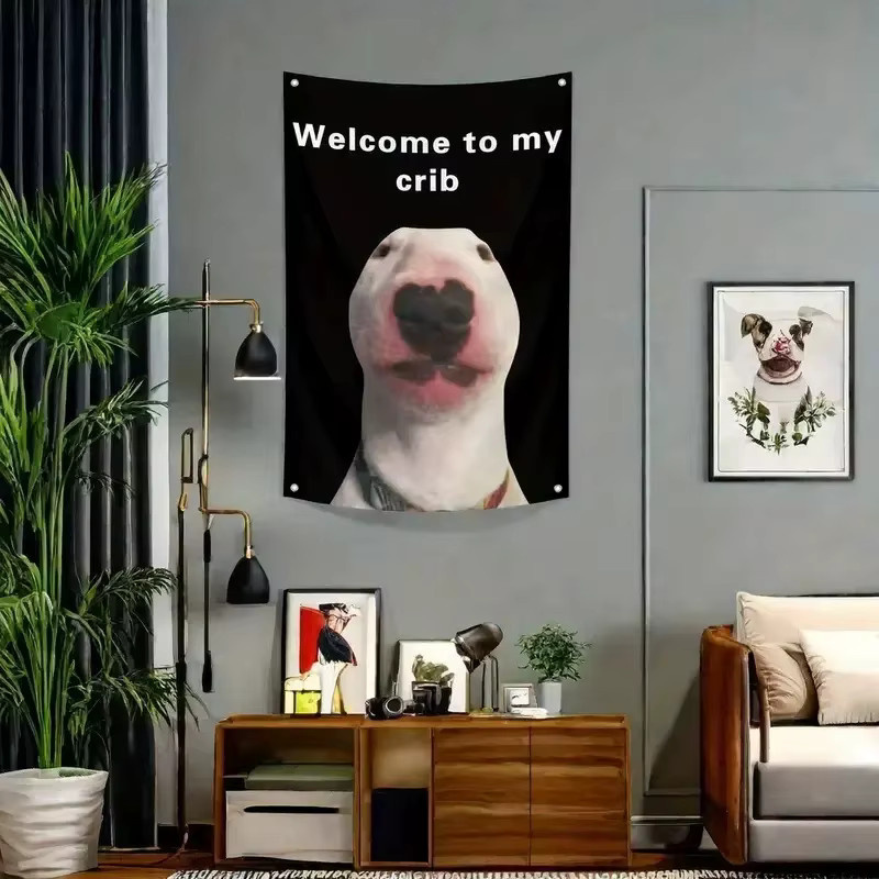 VIKAMA Wandteppich mit lustigem Bullterrier-Meme Welcome to My Crib aus Polyester, Wandbehang in Schwarz, Breite: 60 cm, Höhe: 40 cm - Bild 2