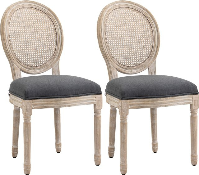 HOMCOM 2er Set Esszimmersessel aus Gummiholz in Grau mit Rattan und Leinen-Optik im Vintage Retro Design, B/T/H: 49 x 56 x 96 cm - Bild 1