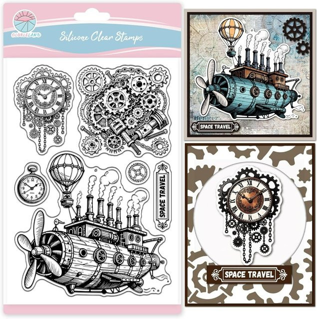 Transparente Silikonstempel im Vintage Steampunk Design mit Zahnrädern, mechanischen Uhren und Heißluftballon für kreative Gestaltungen - Bild 1