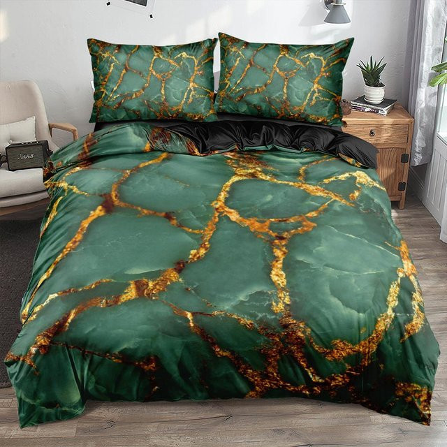 3-teiliges Bettwäsche-Set Practical Home Decor mit 3D-Marmor-Design in Grün, bestehend aus Bettbezug und Kissenbezügen aus Polyester, B/H: 200 x 200 cm - Bild 1