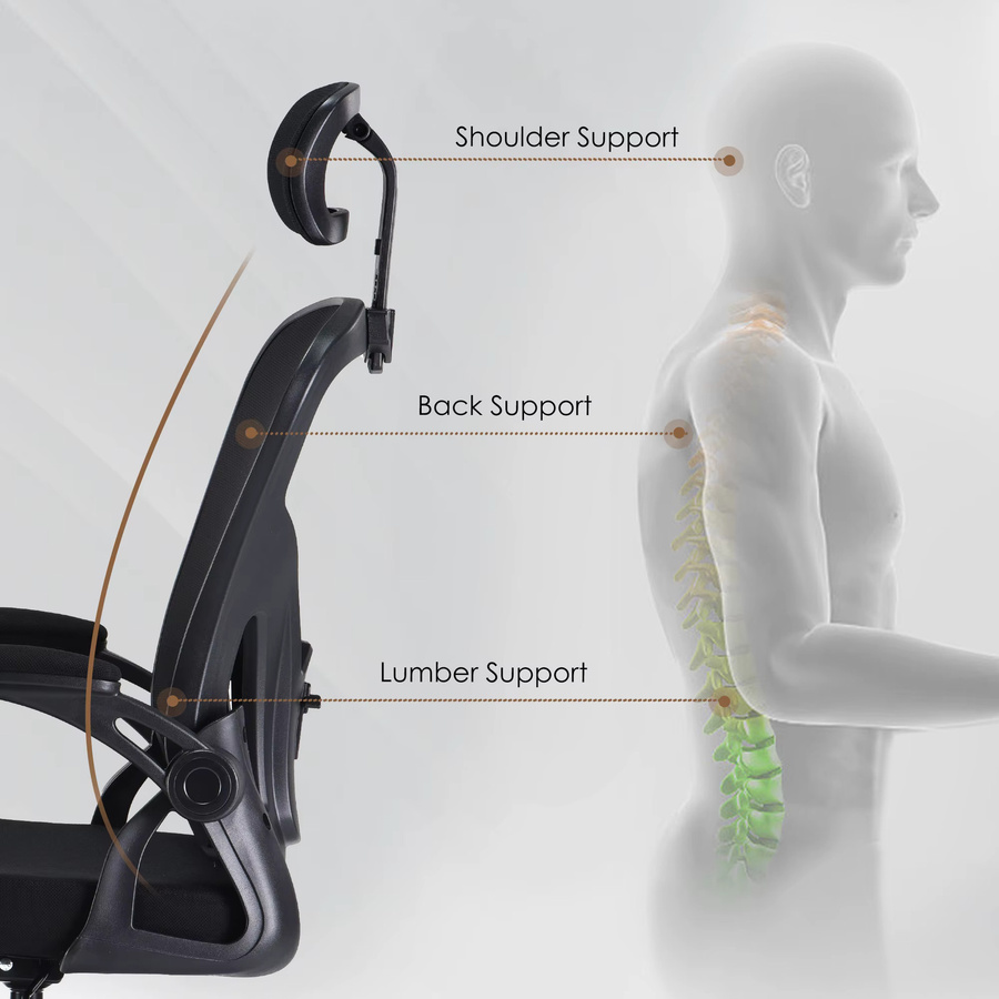 Farini Ergonomischer Bürostuhl in Schwarz mit Kopfstütze, Armlehnen und verstellbarer Lendenwirbelstütze - Bild 5