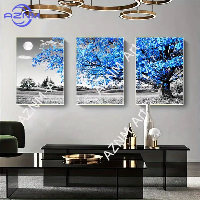 3-teiliges Leinwandposter AZNM mit blauem Baum in grauer Landschaft, skandinavische Wandkunst im Hochformat, rahmenlos - Bild 4