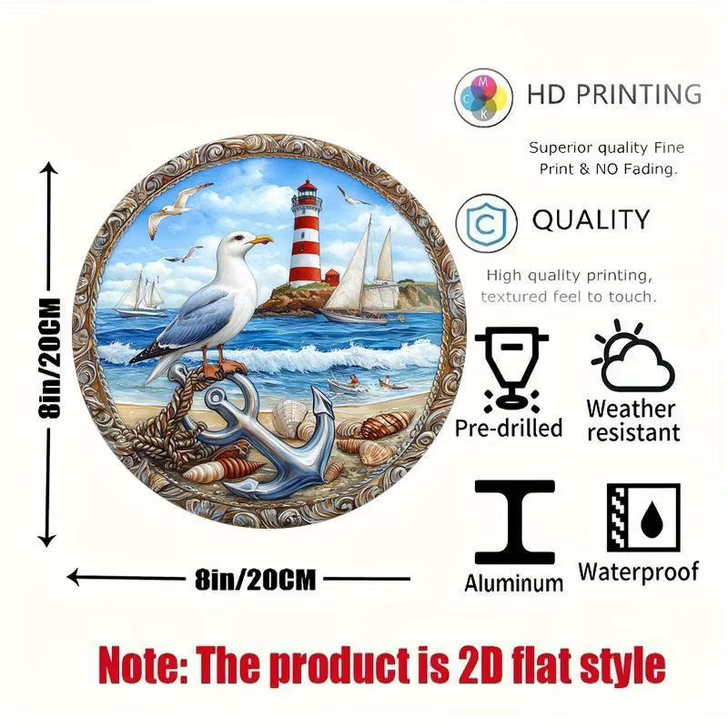 Potdemiel Rundes Metall-Wanddekorschild Lighthouse im Maritimen Vintage-Stil, Durchmesser: 20,32 cm, Mehrfarbig - Bild 2