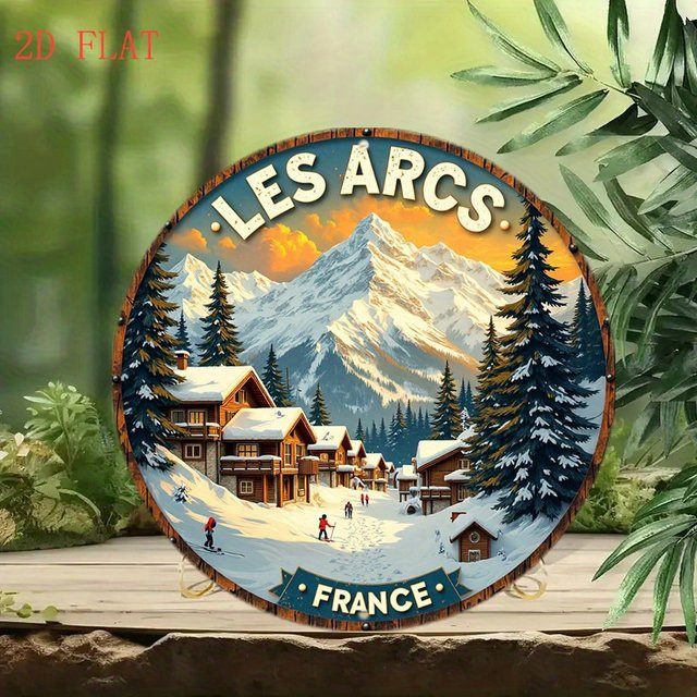 Potdemiel Metallwandkunst Les Arcs Ski Resort Frankreich Rundschild Winterszene mit Berghütten und Skiliften, Durchmesser: 20,32 cm, Mehrfarbig - Bild 1