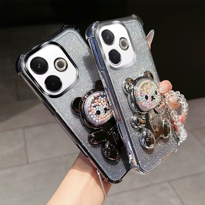 Stoßfeste Handyhülle für Oppo A5 Pro mit süßem 3D-Bärenständer, Glitzer-Design und Kristallketten-Lanyard, transparent/pink - Bild 2