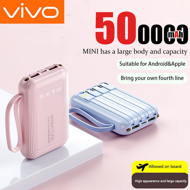 VIVO Mini Powerbank mit 50000mAh und integrierten 4 Kabeln in Schwarz mit digitaler Anzeige und Superschnellladefunktion für iPhone, Samsung und Huawei - Bild 1
