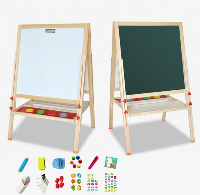 Doppelseitiges Holz-Malbrett für Kinder mit Whiteboard und Kreidetafel in Natur und Grün inklusive Zubehör - Bild 1
