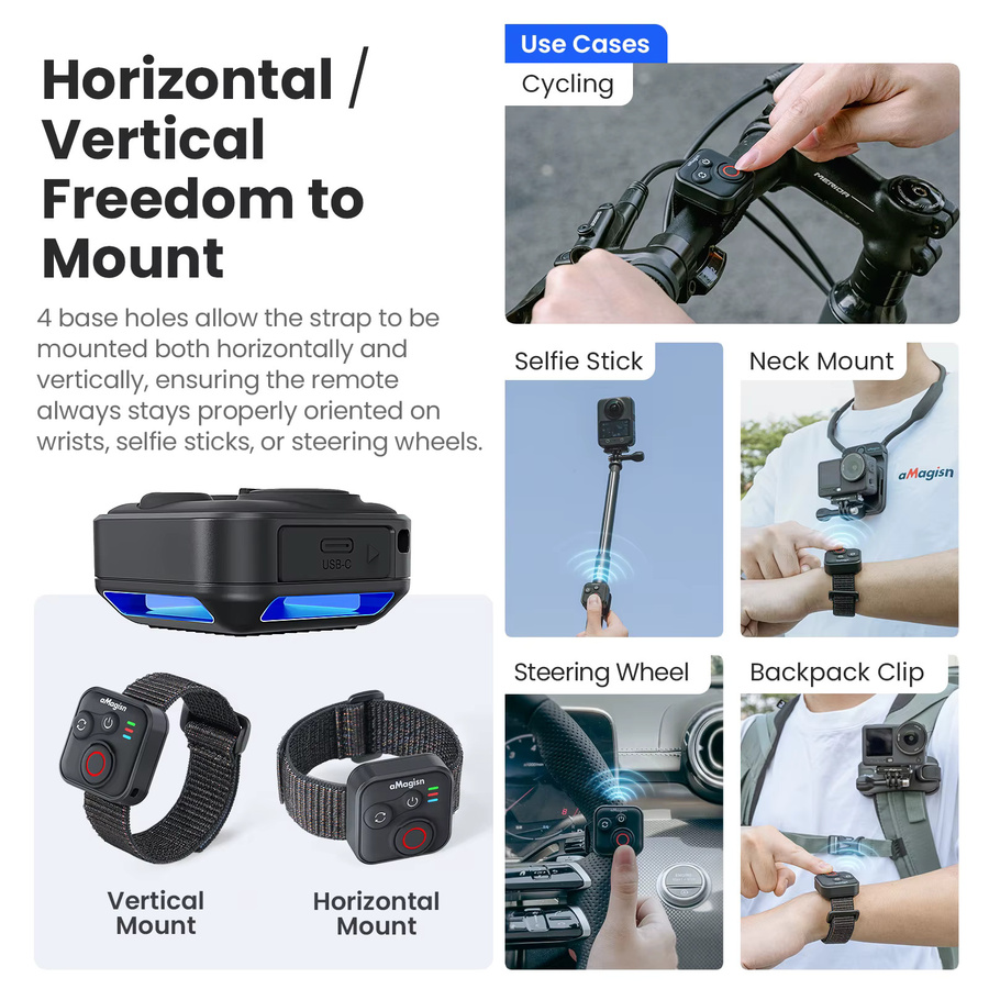 SZKOSTON Bluetooth-Fernbedienung für Insta360 Ace Pro 2, GoPro Hero 13/12/11/10/9/8 und DJI-Serie Sportkameras, Schwarz - Bild 4