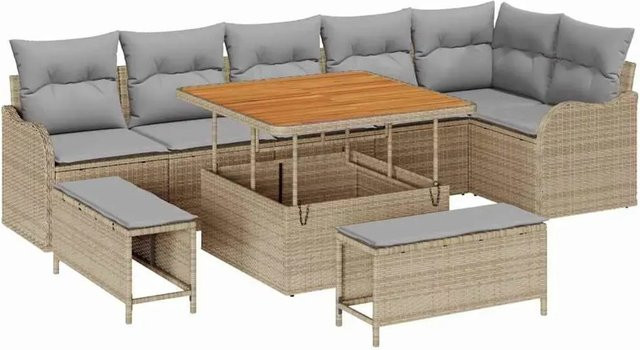 vidaXL Garten-Sofa-Set 9-teilig aus Poly-Rattan und Akazienholz in Beige mit Polstern und Metallrahmen - Bild 1