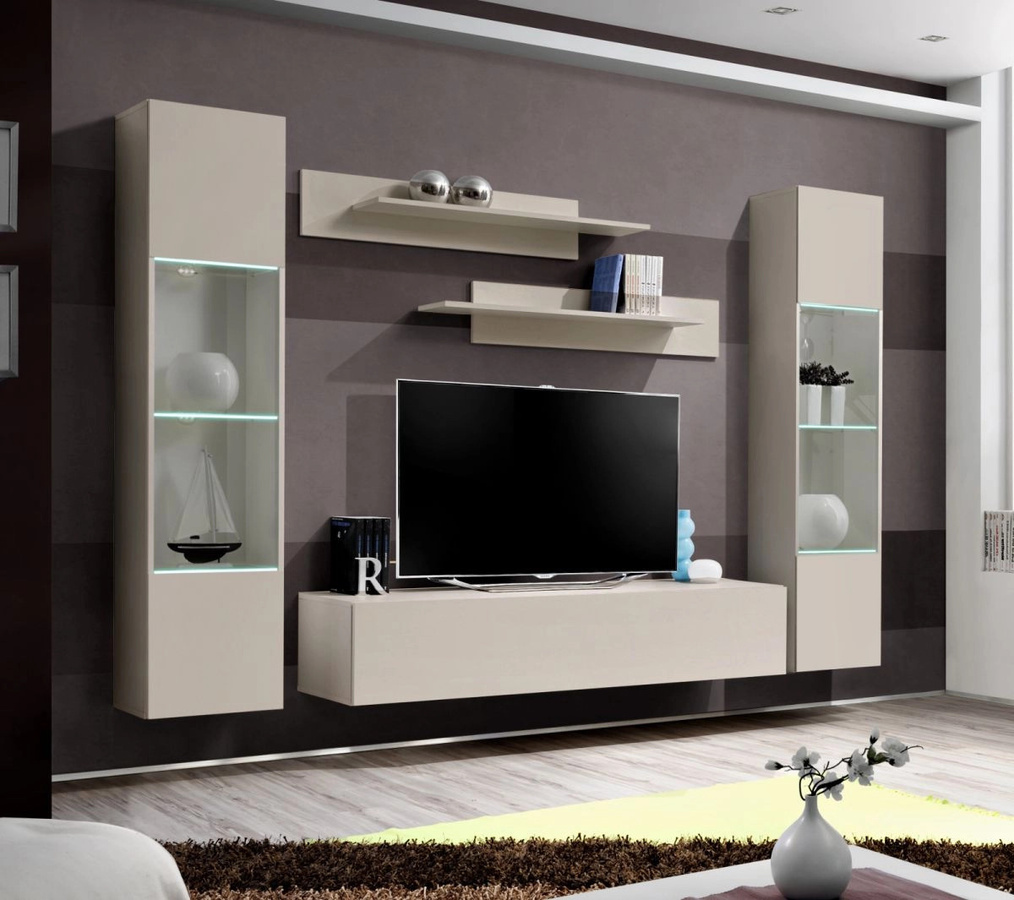 Wohnwand Option von Inn.Furn in Kaschmir Beige, 5-teiliges modernes Wohnzimmer-Set mit LED-Beleuchtung und Glasvitrine, Breite: 260 cm - Bild 2