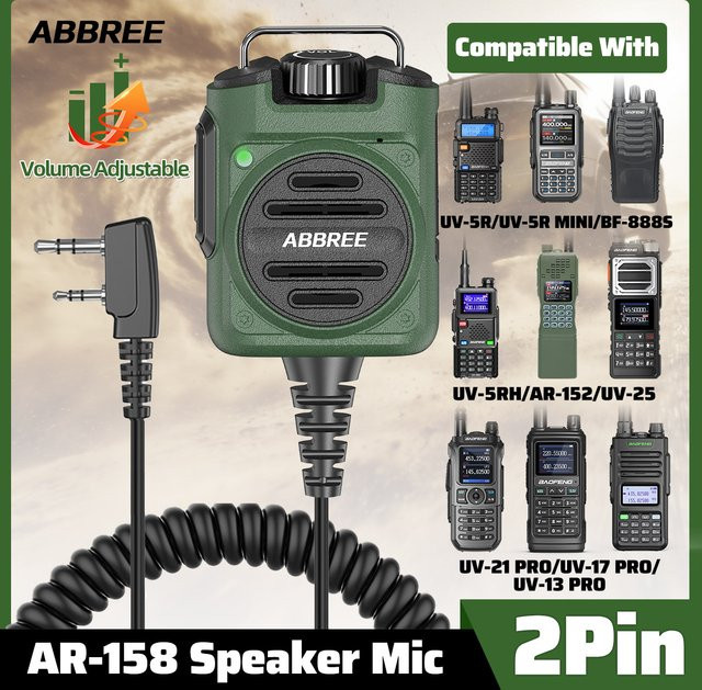 ABBREE AR-158 2-Pin wiederaufladbares Mikrofon mit Lautstärkeregler und PTT-Taste in Grün für Baofeng UV 5R BF 888S UV 21 PRO Funkgeräte - Bild 1