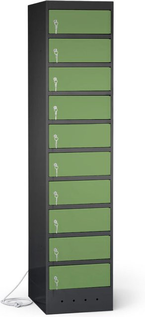 rotstahl Laptopschrank mit 10 Fächern aus Stahlblech, Farbe Anthrazitgrau und Hellgrün, B: 40 cm, H: 180 cm - Bild 1