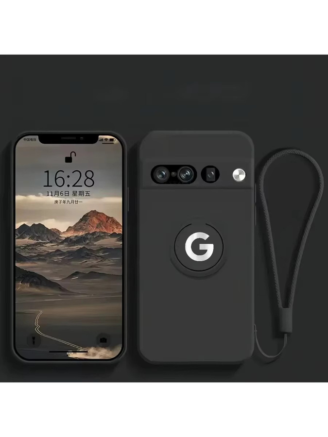 Original Flüssigsilikon Schutzhülle für Google Pixel 10, 9 Pro XL, 8, 7 A Pro mit drehbarem Ringhalter und Handschlaufe in Schwarz - Bild 4