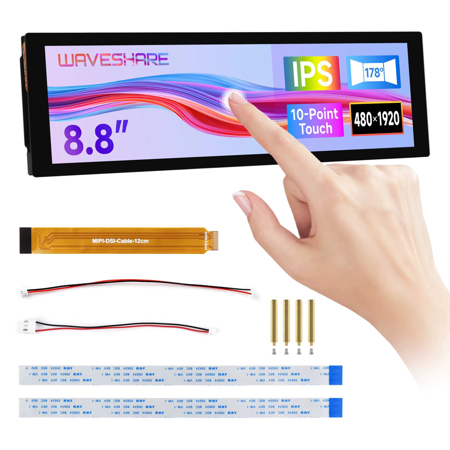 Waveshare 8,8 Zoll DSI Touch-Display mit IPS-Panel, kapazitivem 10-Punkt-Touchscreen und Hintergrundbeleuchtungsanpassung in Schwarz - Bild 2