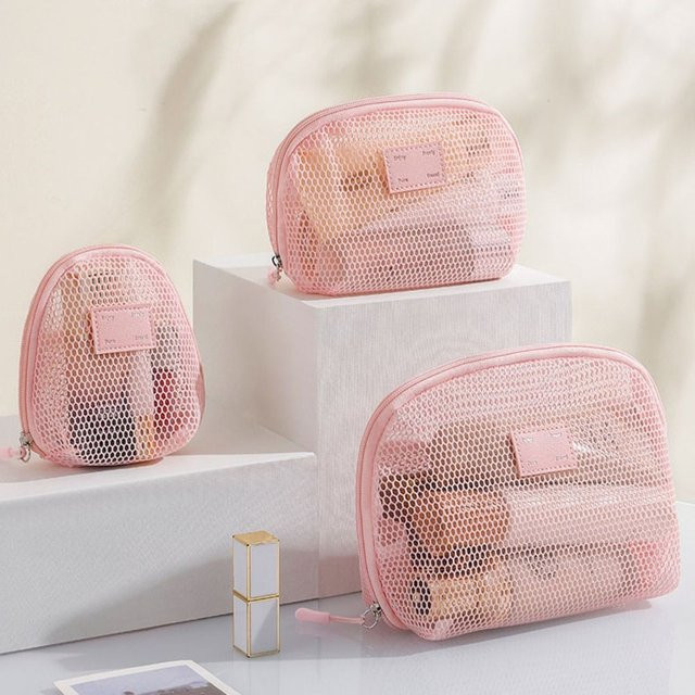 ISKYBOB Kosmetiktasche aus Nylon mit Reißverschluss und Netzfach in Pink - Bild 1