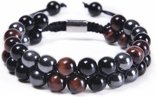 Armband Perle, Tigerauge, Schwarzer Obsidian, Hämatit, 8mm, Unisex, Schwarz - Bild 1