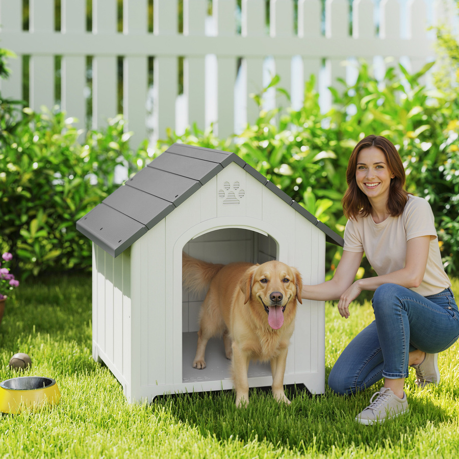 PawHut Außen-Hundehütte aus wasserfestem Kunststoff in Grau mit Holzmaserungsoptik, B/T/H: 88 x 79 x 89 cm - Bild 2