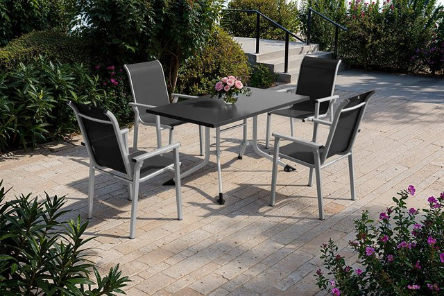 Kettler BasicPlus Pro Garten-Essgruppe aus Aluminium und Textilene in Silber/Anthrazit mit Klapptisch Breite: 140 cm und 4 Stapelsesseln - Bild 1