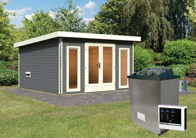 Saunahaus MAINBURG 3 mit Vorraum in Terragrau inklusive 9.0 kW Ofen, Steuergerät und Set B mit 3 Liegen, B/T/H: 369 x 369 x 225 cm und Liegefläche 225 x 190 cm - Bild 1