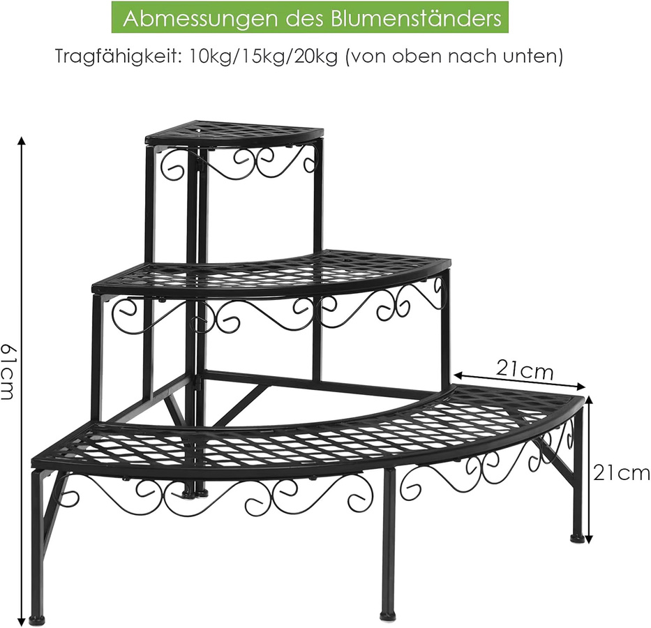 GOFLAME 3-stufige Blumentreppe aus Metall in Schwarz für Garten, Balkon und Terrasse, Pflanzenständer mit B/T/H: 61,0 x 21,0 x 3,0 cm - Bild 5