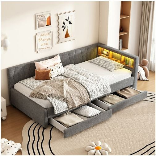 MUVOE Schlafsofa als Tagesbett mit Bettaufbewahrung und USB- sowie Typ-C-Anschlüssen, Leinen, Grau, B/T/H: 90 x 200 cm - Bild 1