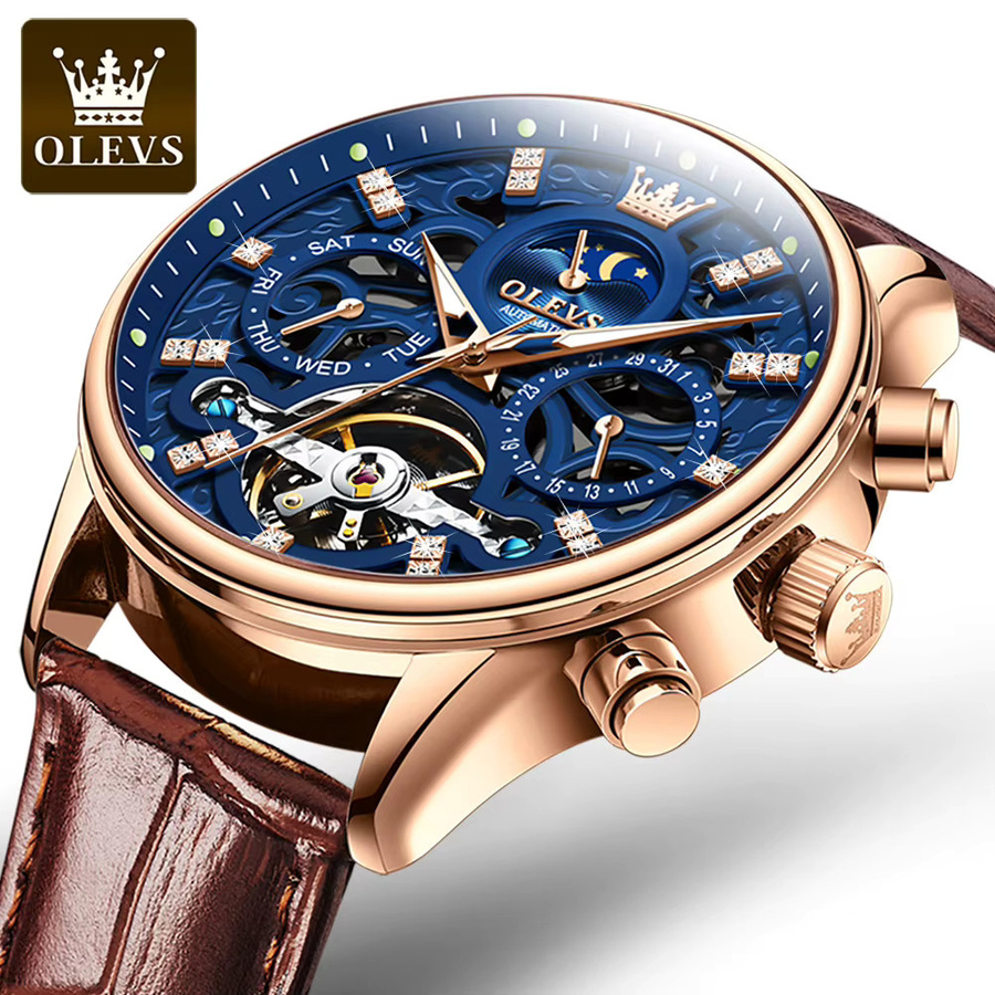 OLEVS Armbanduhr Automatik, Mondphase, Blau, Edelstahl, Leder, Herren - Bild 6