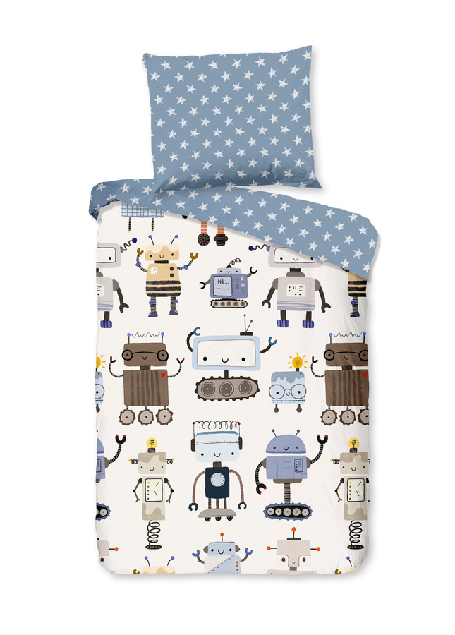 Good Morning Baby Bettwäsche Robo Roboter Sterne Blau Weiß aus Baumwolle, Bettbezug 135 x 100 cm und Kissenbezug 40 x 60 cm - Bild 1