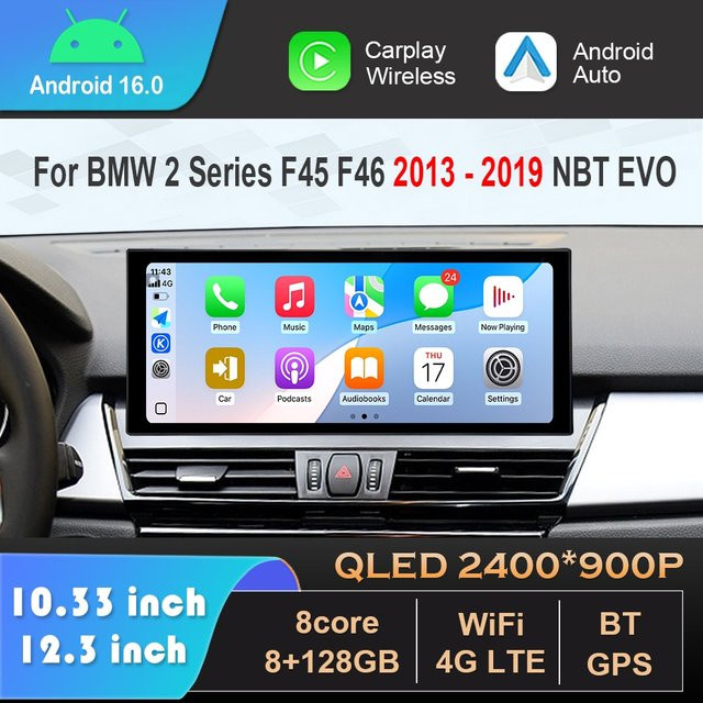 KJ-NAVI Android 16 Autoradio für BMW 2er F45 F46 (2013–2019) mit NBT EVO System, Carplay, 4G, Wifi und GPS in Schwarz - Bild 1