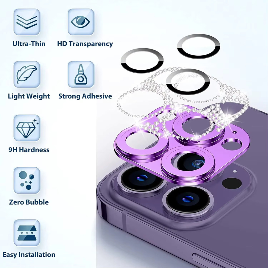 Diamant-Kamera-Objektivschutz aus Metall für iPhone 16 15 14 13 12 11 Pro Max Plus Mini in Pink - Bild 2